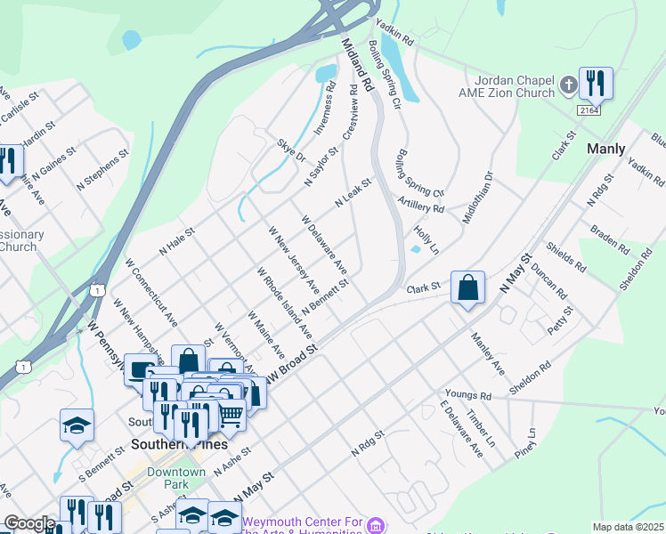 map of restaurants, bars, coffee shops, grocery stores, and more near 240 West Delaware Avenue in Southern Pines