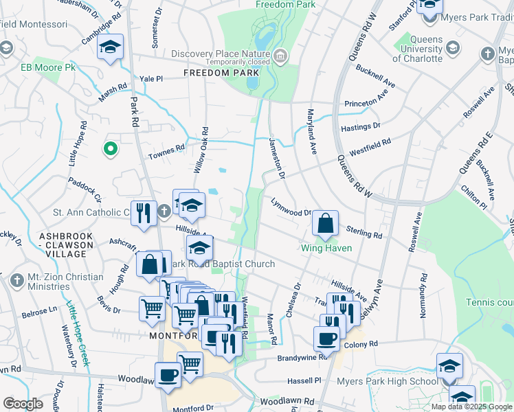 map of restaurants, bars, coffee shops, grocery stores, and more near 2914 Westfield Road in Charlotte