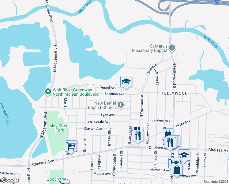 map of restaurants, bars, coffee shops, grocery stores, and more near 2200 Shannon Avenue in Memphis