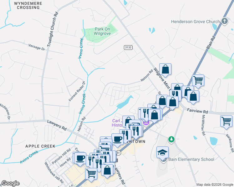 map of restaurants, bars, coffee shops, grocery stores, and more near 7412 Nelson Road in Mint Hill