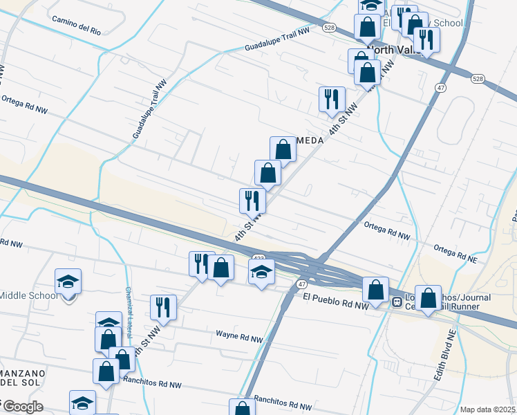 map of restaurants, bars, coffee shops, grocery stores, and more near 8817 4th Street Northwest in Los Ranchos de Albuquerque