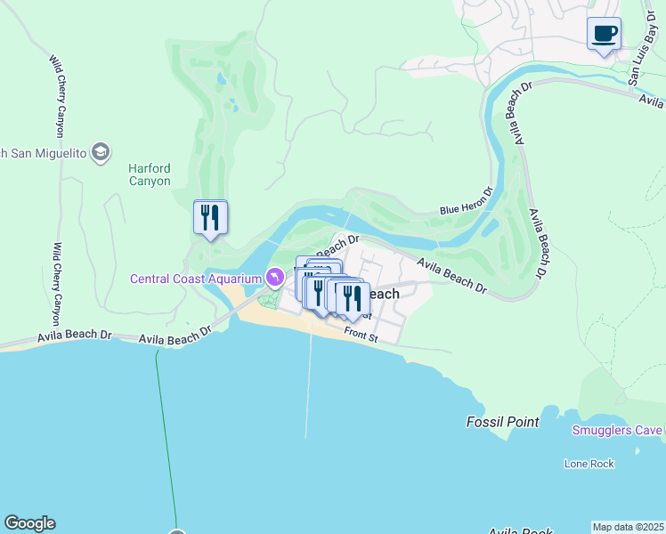 map of restaurants, bars, coffee shops, grocery stores, and more near 217 San Miguel Street in Avila Beach