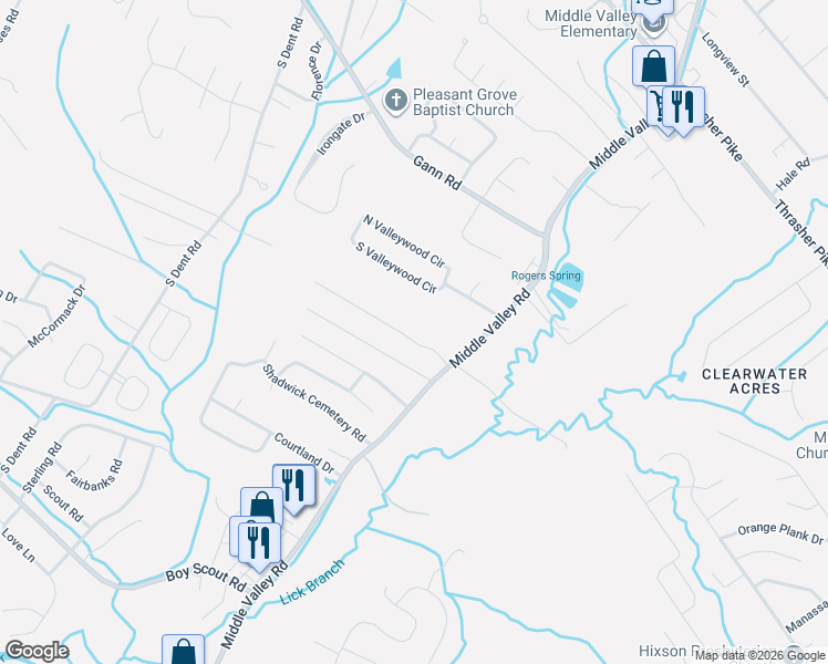 map of restaurants, bars, coffee shops, grocery stores, and more near 1389 Meadowood Drive in Middle Valley