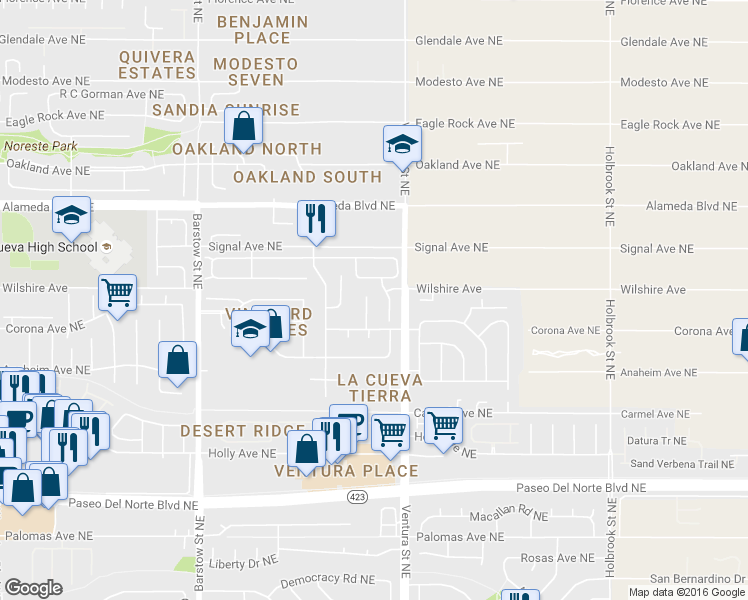 map of restaurants, bars, coffee shops, grocery stores, and more near 8520 Villa Firenze Lane in Albuquerque