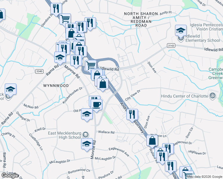 map of restaurants, bars, coffee shops, grocery stores, and more near E Independence Blvd & Conference Dr in Charlotte