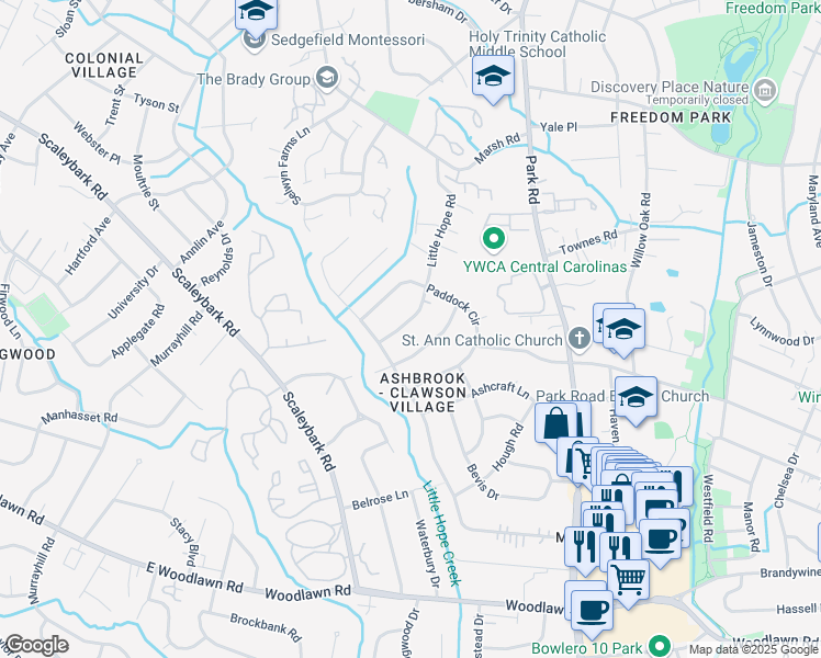 map of restaurants, bars, coffee shops, grocery stores, and more near 1300 Jersey Lane in Charlotte
