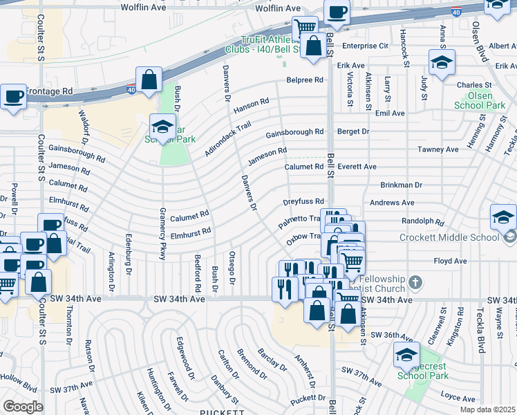 map of restaurants, bars, coffee shops, grocery stores, and more near 3001-3099 Danvers Dr in Amarillo