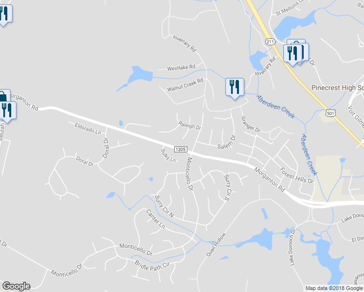 map of restaurants, bars, coffee shops, grocery stores, and more near 1085 Morganton Road in Pinehurst