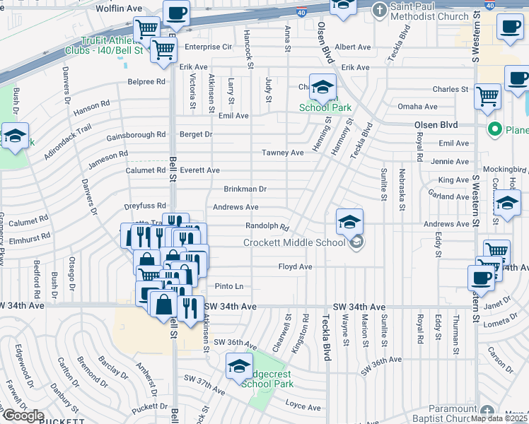 map of restaurants, bars, coffee shops, grocery stores, and more near 5307 Andrews Avenue in Amarillo