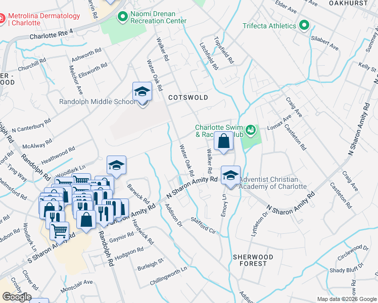 map of restaurants, bars, coffee shops, grocery stores, and more near 1000 Brantham Court in Charlotte