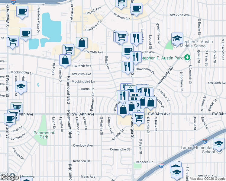 map of restaurants, bars, coffee shops, grocery stores, and more near 3007 Curtis Drive in Amarillo