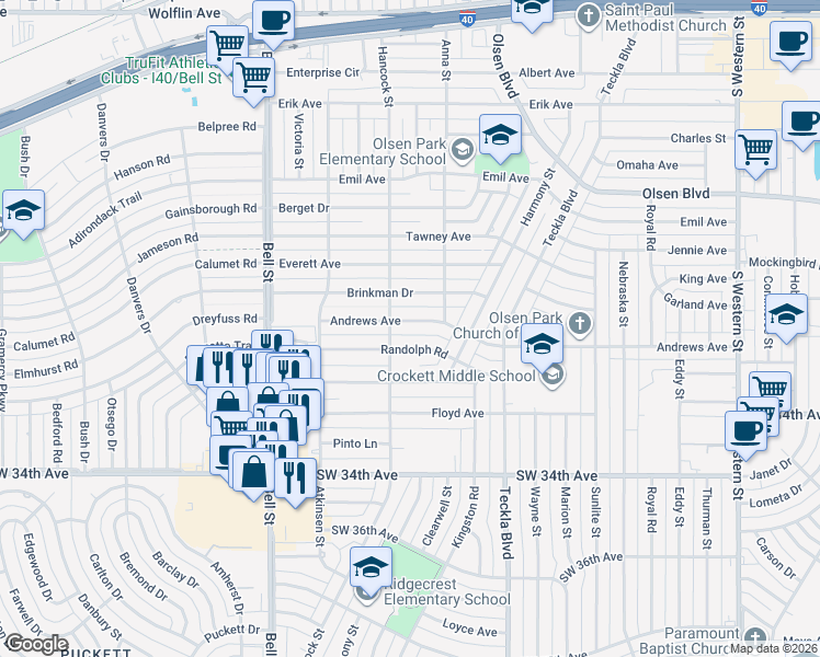 map of restaurants, bars, coffee shops, grocery stores, and more near 5307 Andrews Avenue in Amarillo
