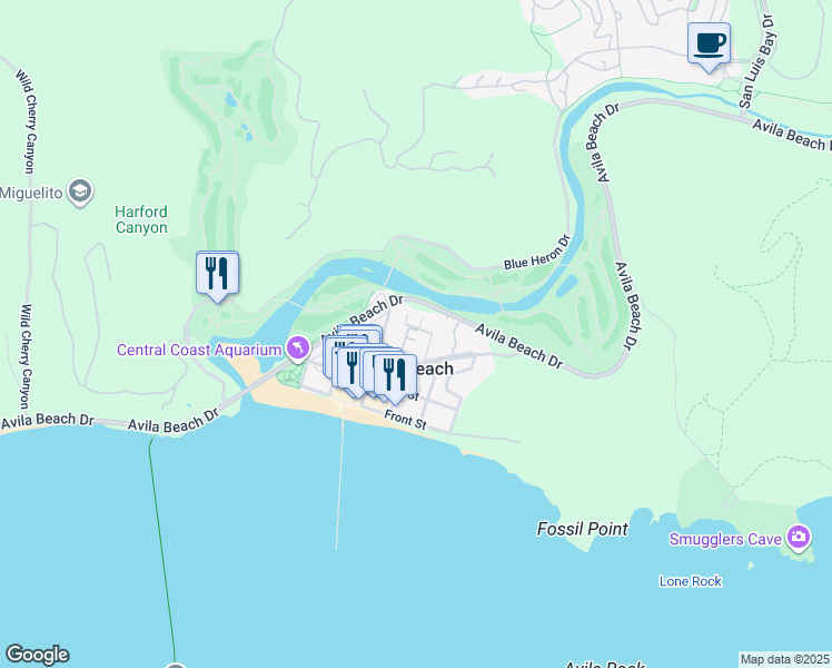 map of restaurants, bars, coffee shops, grocery stores, and more near 346 2nd Street in Avila Beach