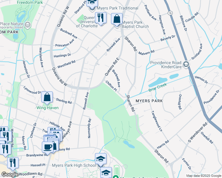 map of restaurants, bars, coffee shops, grocery stores, and more near 2636 Chilton Place in Charlotte
