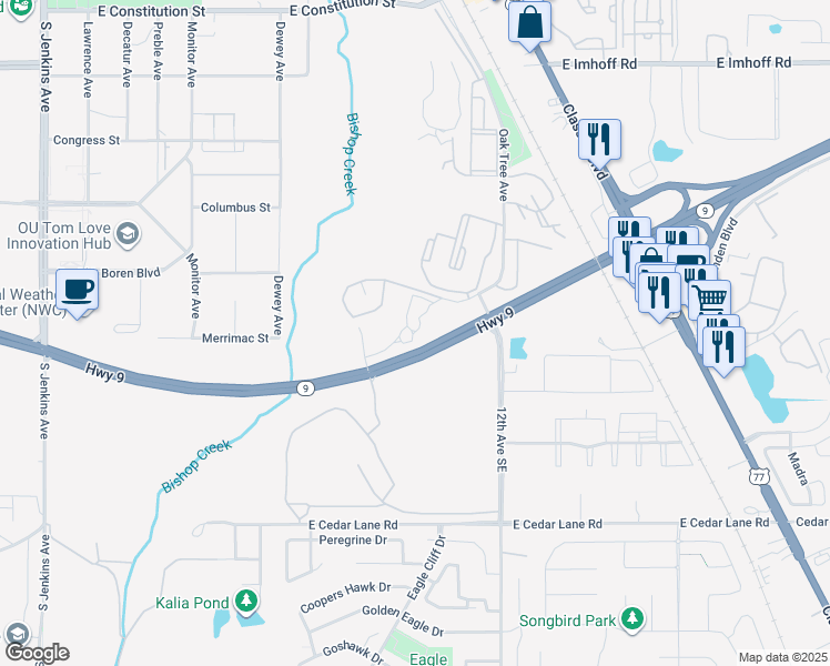 map of restaurants, bars, coffee shops, grocery stores, and more near 806 Cardinal Creek Boulevard in Norman