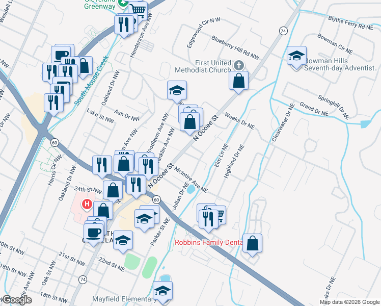 map of restaurants, bars, coffee shops, grocery stores, and more near 2850 North Ocoee Street in Cleveland