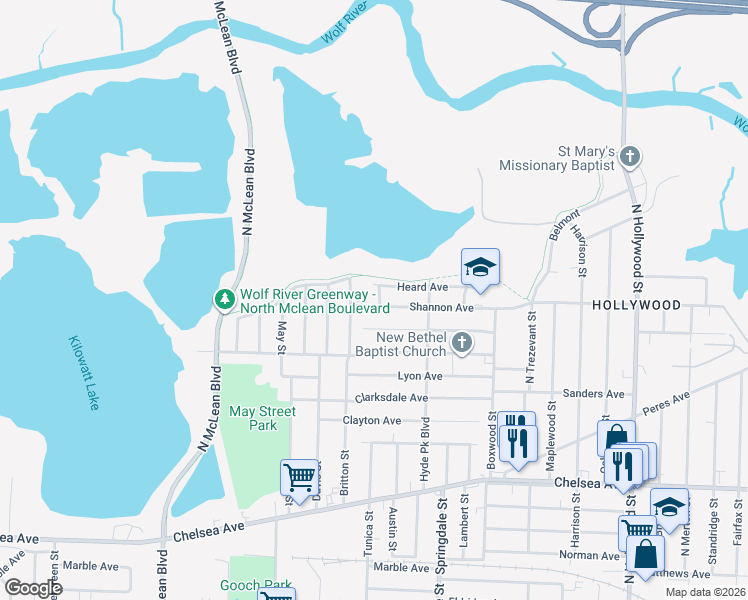 map of restaurants, bars, coffee shops, grocery stores, and more near 2112 Shannon Avenue in Memphis