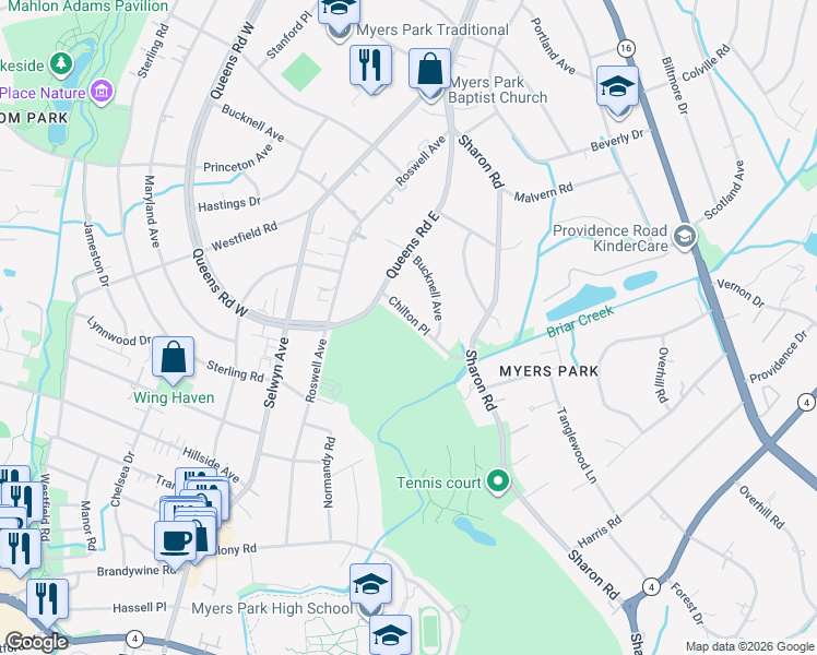 map of restaurants, bars, coffee shops, grocery stores, and more near 2636 Chilton Place in Charlotte