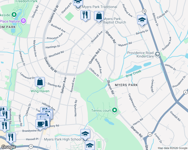 map of restaurants, bars, coffee shops, grocery stores, and more near 2636 Chilton Place in Charlotte