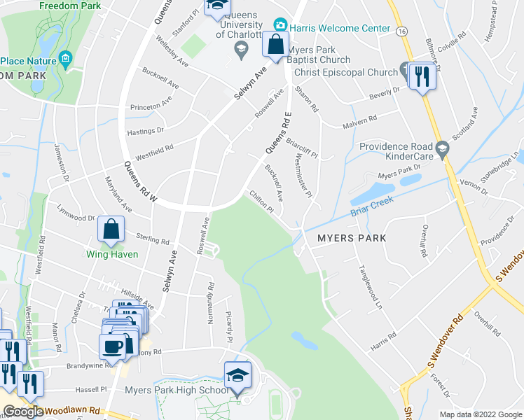 map of restaurants, bars, coffee shops, grocery stores, and more near 2636 Chilton Place in Charlotte