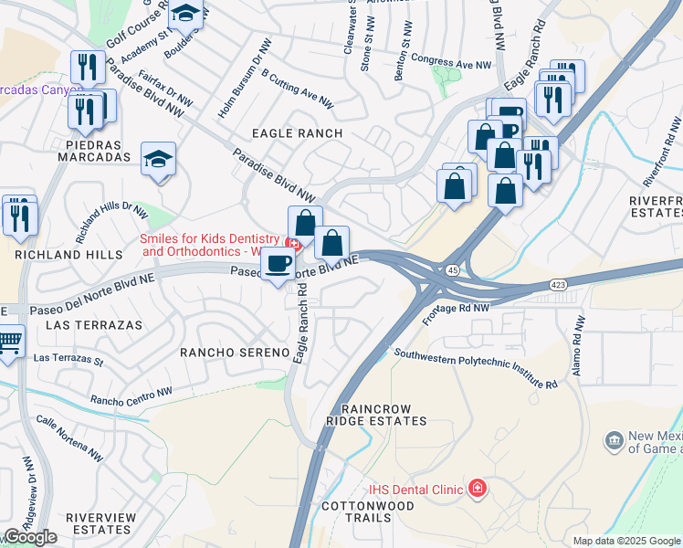 map of restaurants, bars, coffee shops, grocery stores, and more near 9141 High Assets Way Northwest in Albuquerque