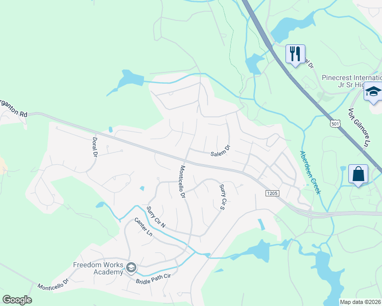 map of restaurants, bars, coffee shops, grocery stores, and more near 1410 Monticello Drive in Pinehurst