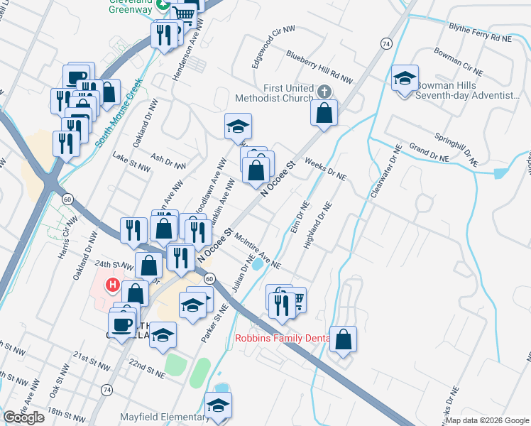 map of restaurants, bars, coffee shops, grocery stores, and more near 2904 Julian Drive Northeast in Cleveland
