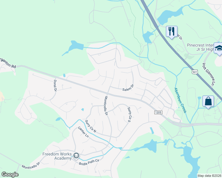 map of restaurants, bars, coffee shops, grocery stores, and more near 1410 Monticello Drive in Pinehurst