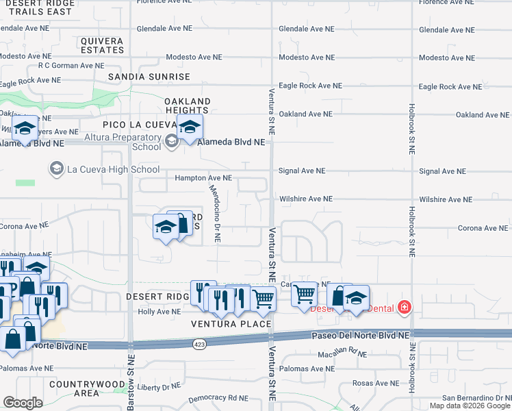 map of restaurants, bars, coffee shops, grocery stores, and more near 8520 Villa Firenze Lane in Albuquerque