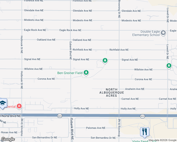 map of restaurants, bars, coffee shops, grocery stores, and more near 10650 Wilshire Avenue Northeast in Albuquerque
