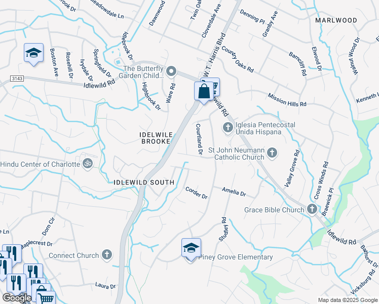 map of restaurants, bars, coffee shops, grocery stores, and more near 7719 Heatherdale Court in Charlotte