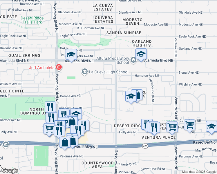 map of restaurants, bars, coffee shops, grocery stores, and more near 8121 Corona Avenue Northeast in Albuquerque