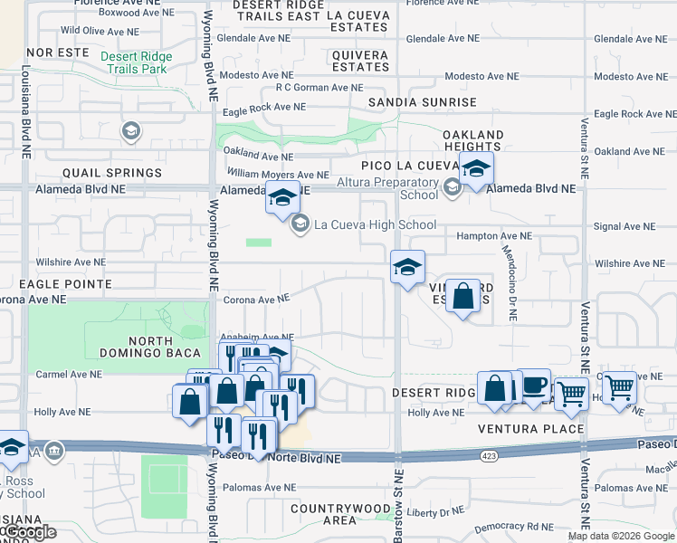 map of restaurants, bars, coffee shops, grocery stores, and more near 8017 Corona Avenue in Albuquerque