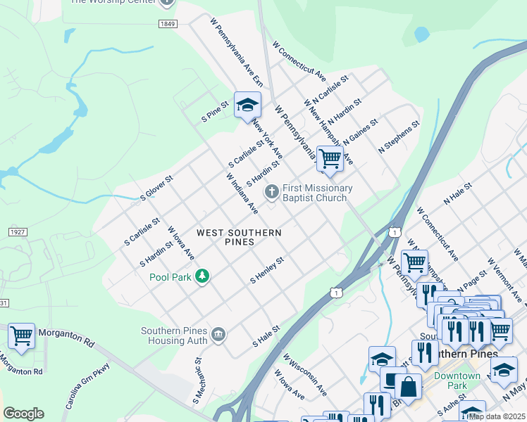 map of restaurants, bars, coffee shops, grocery stores, and more near 373 South Gaines Street in Southern Pines