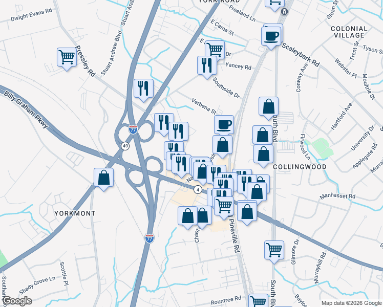 map of restaurants, bars, coffee shops, grocery stores, and more near 144 West Exmore Street in Charlotte