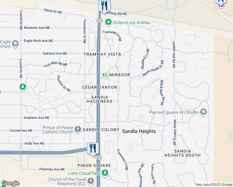 map of restaurants, bars, coffee shops, grocery stores, and more near 7707 Cedar Canyon Place Northeast in Albuquerque
