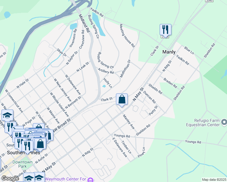 map of restaurants, bars, coffee shops, grocery stores, and more near 80 Midlothian Drive in Southern Pines