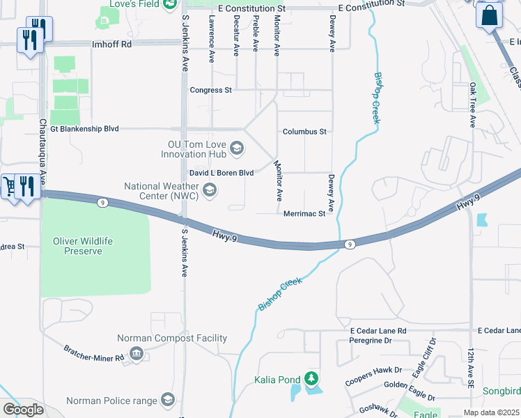 map of restaurants, bars, coffee shops, grocery stores, and more near 3190 Monitor Avenue in Norman