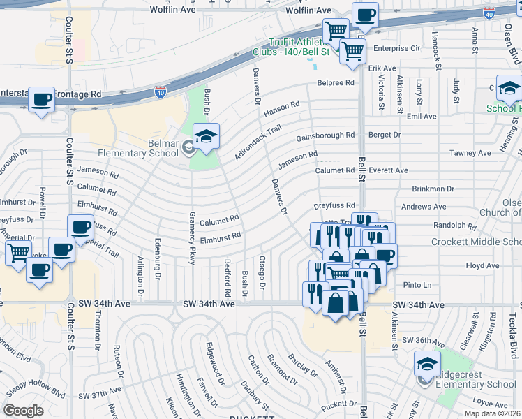 map of restaurants, bars, coffee shops, grocery stores, and more near 6209 Calumet Road in Amarillo