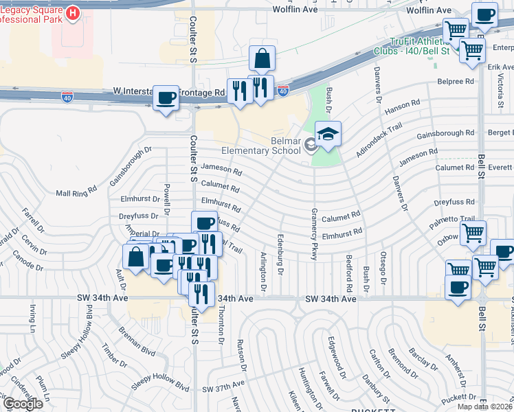 map of restaurants, bars, coffee shops, grocery stores, and more near 6909 Calumet Road in Amarillo