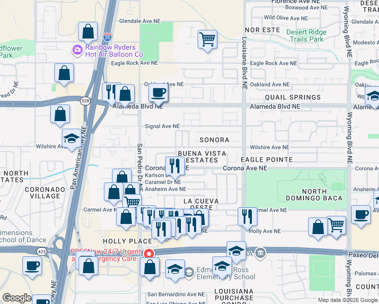 map of restaurants, bars, coffee shops, grocery stores, and more near 8512 Rancho Diego Place Northeast in Albuquerque