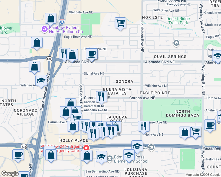 map of restaurants, bars, coffee shops, grocery stores, and more near 8512 Rancho Diego Place Northeast in Albuquerque