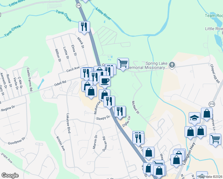 map of restaurants, bars, coffee shops, grocery stores, and more near 1106 Davis Court in Spring Lake
