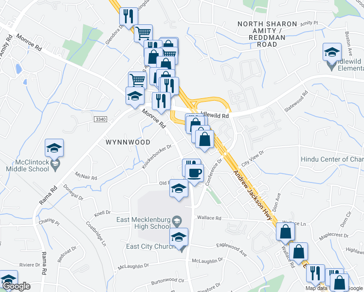 map of restaurants, bars, coffee shops, grocery stores, and more near 6423 Monroe Road in Charlotte