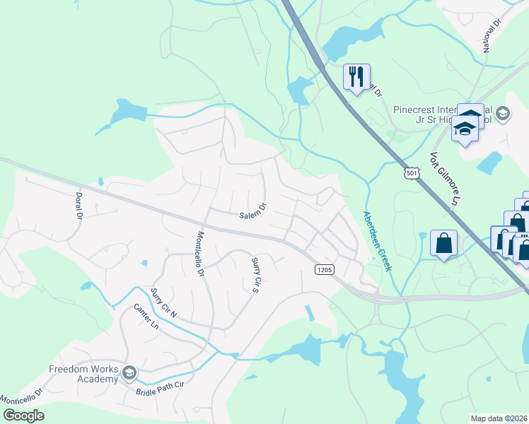 map of restaurants, bars, coffee shops, grocery stores, and more near 85 Salem Drive in Pinehurst