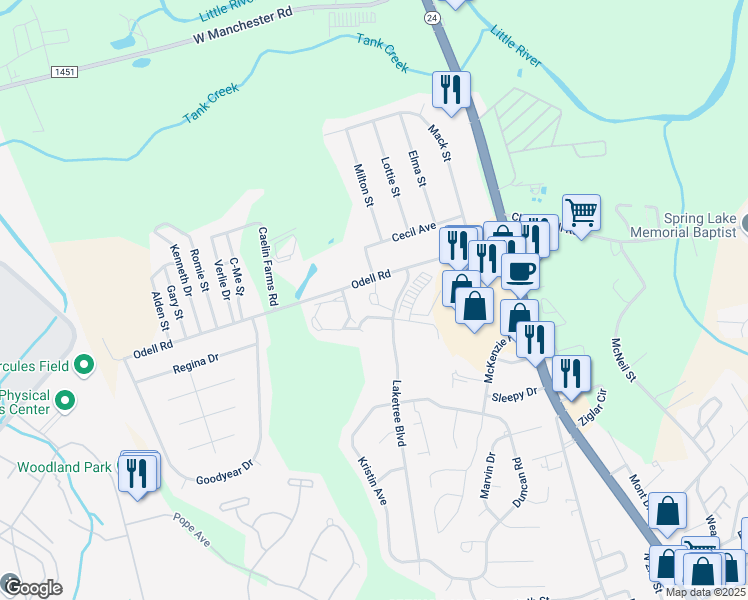 map of restaurants, bars, coffee shops, grocery stores, and more near 608 Wellingly Circle in Spring Lake