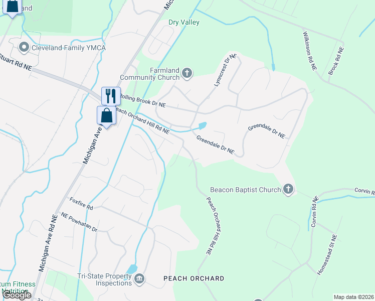 map of restaurants, bars, coffee shops, grocery stores, and more near 1850 Peach Orchard Hill Road Northeast in Cleveland