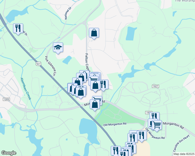map of restaurants, bars, coffee shops, grocery stores, and more near 555 Talmadge Way in Southern Pines