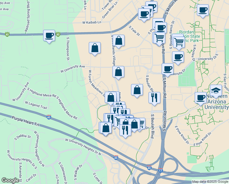 map of restaurants, bars, coffee shops, grocery stores, and more near 2152 South Linmar Court in Flagstaff