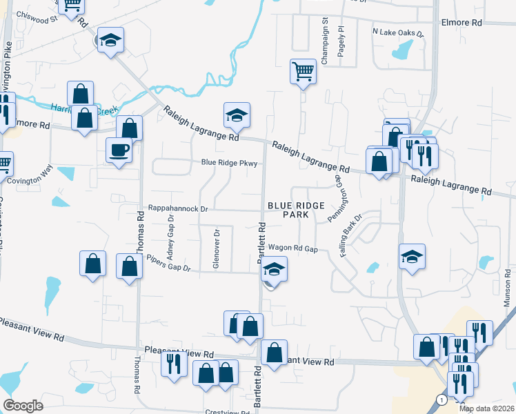 map of restaurants, bars, coffee shops, grocery stores, and more near 5492 Rappahannock Drive in Memphis